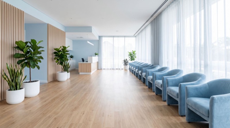Bright patient lounge with blue armchairs and plants